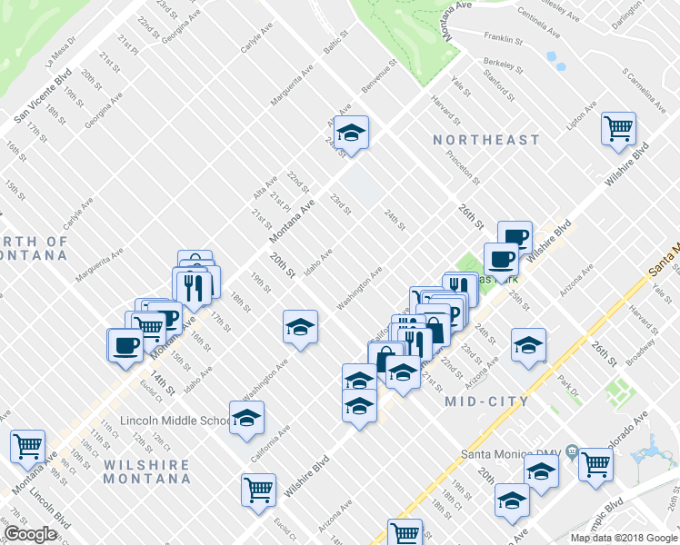 map of restaurants, bars, coffee shops, grocery stores, and more near 901 21st Street in Santa Monica