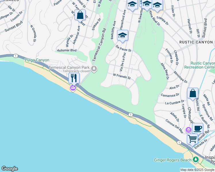 map of restaurants, bars, coffee shops, grocery stores, and more near 15519 Via de Las Olas in Los Angeles