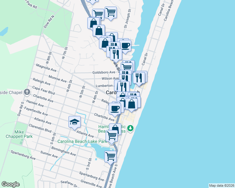map of restaurants, bars, coffee shops, grocery stores, and more near 213 Lumberton Avenue in Carolina Beach