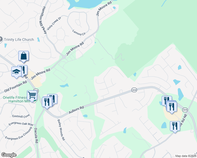 map of restaurants, bars, coffee shops, grocery stores, and more near 3528 Vern Way Northeast in Dacula