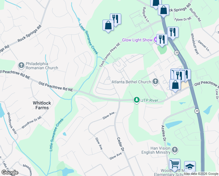 map of restaurants, bars, coffee shops, grocery stores, and more near 2452 Clock Face Court in Lawrenceville