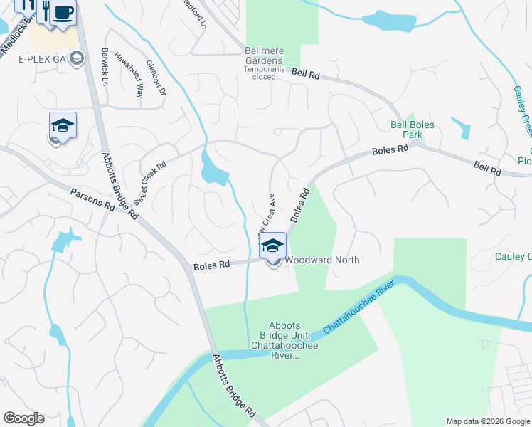 map of restaurants, bars, coffee shops, grocery stores, and more near 10400 Sugar Crest Avenue in Duluth
