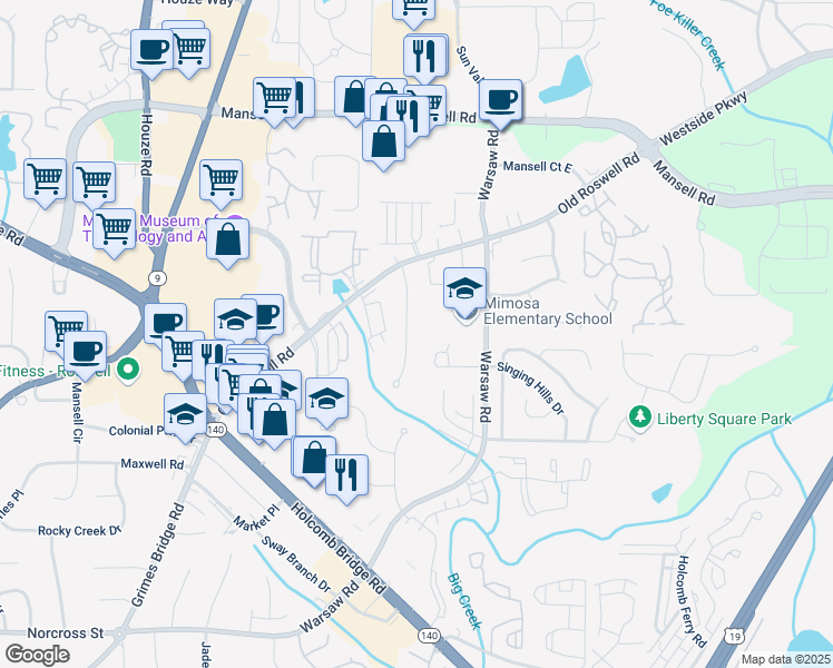 map of restaurants, bars, coffee shops, grocery stores, and more near 1090 Old Forge Drive in Roswell
