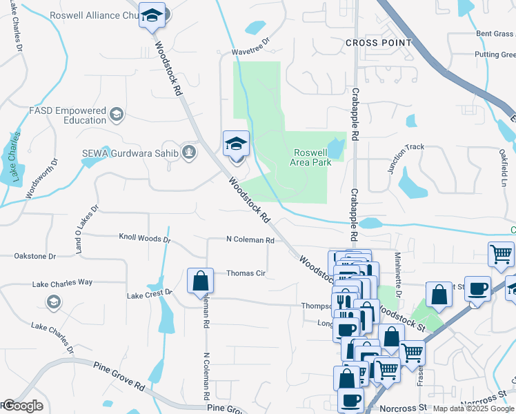 map of restaurants, bars, coffee shops, grocery stores, and more near 10485 Woodstock Road in Roswell