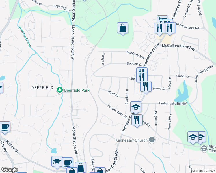 map of restaurants, bars, coffee shops, grocery stores, and more near 6010 Ashley Way in Kennesaw
