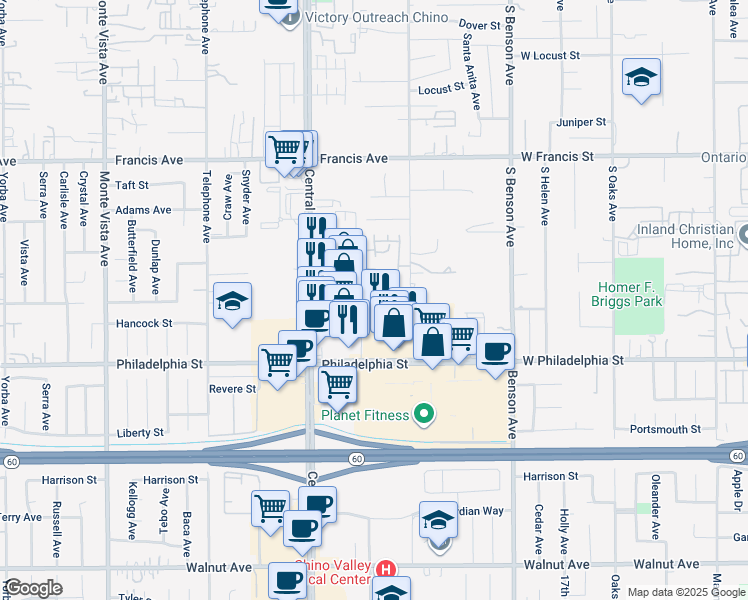 map of restaurants, bars, coffee shops, grocery stores, and more near 5424 Choctaw Court in Chino