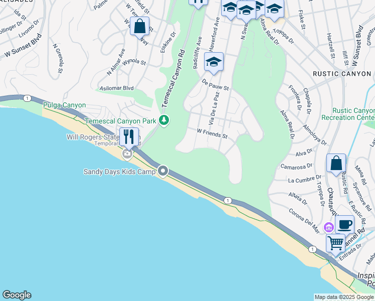 map of restaurants, bars, coffee shops, grocery stores, and more near 15519 Via de Las Olas in Los Angeles