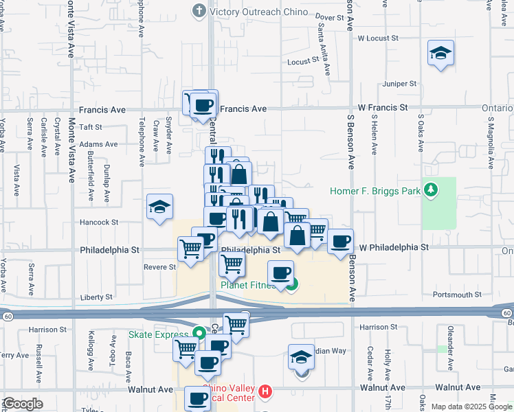 map of restaurants, bars, coffee shops, grocery stores, and more near 5424 Choctaw Court in Chino