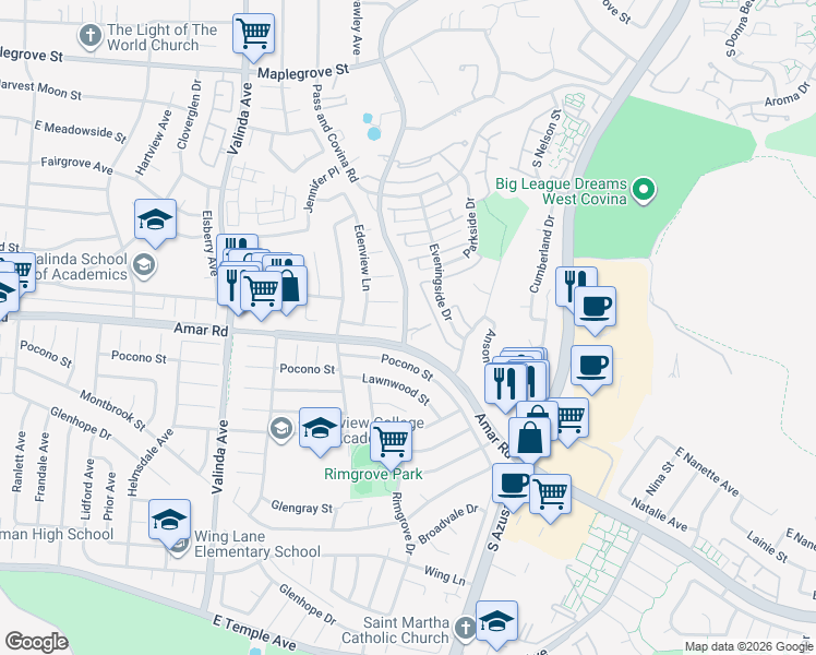 map of restaurants, bars, coffee shops, grocery stores, and more near 1252 Dore Street East in West Covina