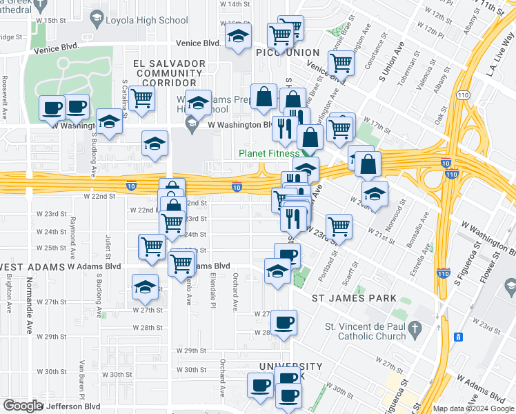 map of restaurants, bars, coffee shops, grocery stores, and more near 1276 West 22nd Street in Los Angeles