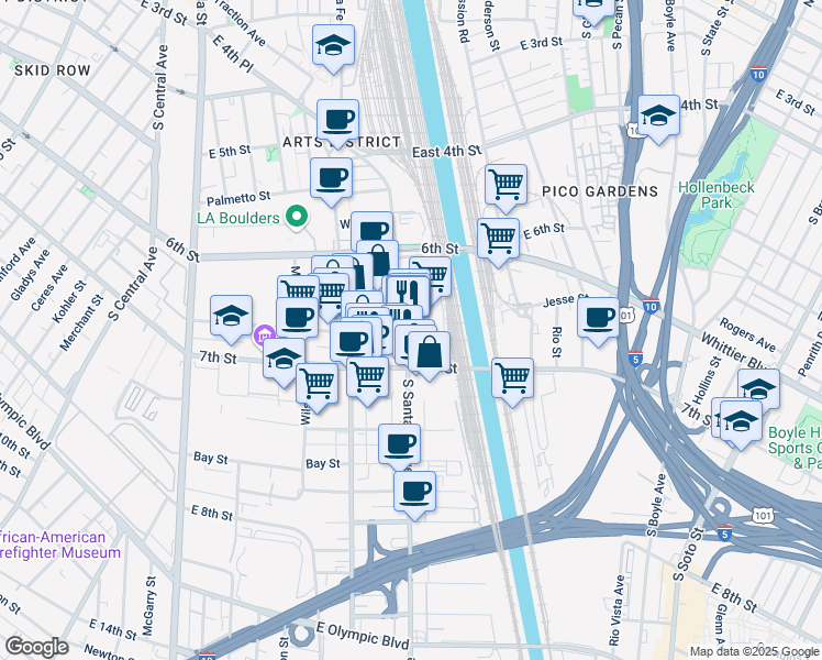 map of restaurants, bars, coffee shops, grocery stores, and more near 672 South Santa Fe Avenue in Los Angeles