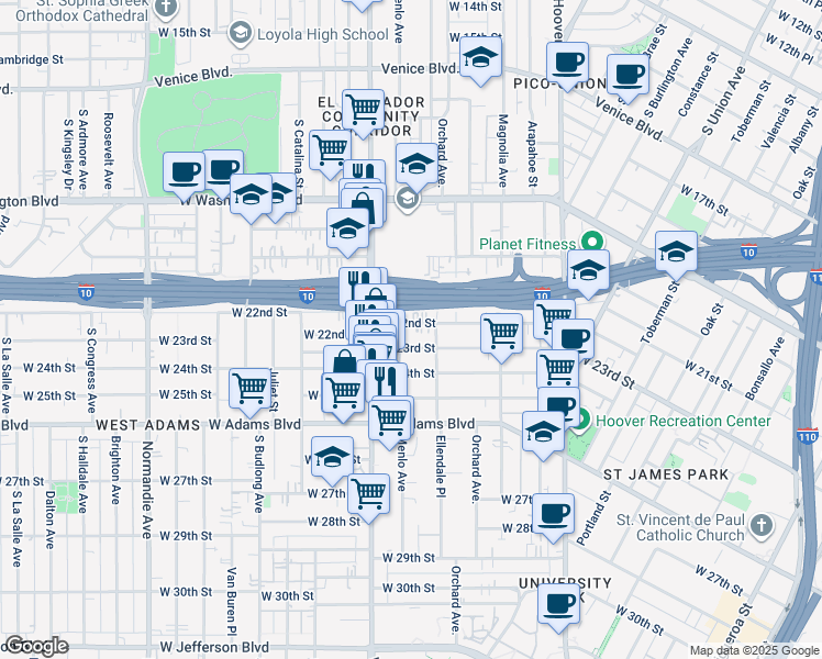 map of restaurants, bars, coffee shops, grocery stores, and more near 1434 West 22nd Street in Los Angeles