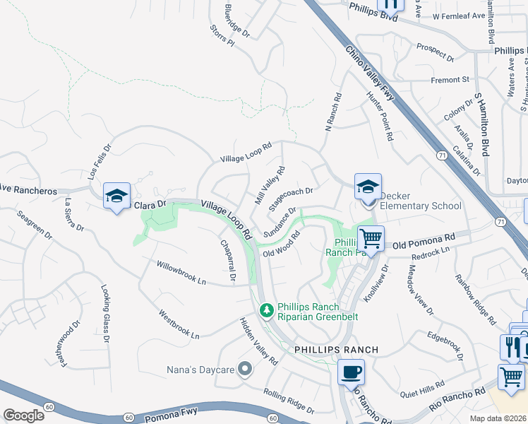map of restaurants, bars, coffee shops, grocery stores, and more near 49 Stagecoach Drive in Pomona