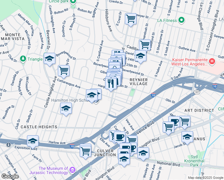 map of restaurants, bars, coffee shops, grocery stores, and more near 2847 South Robertson Boulevard in Los Angeles