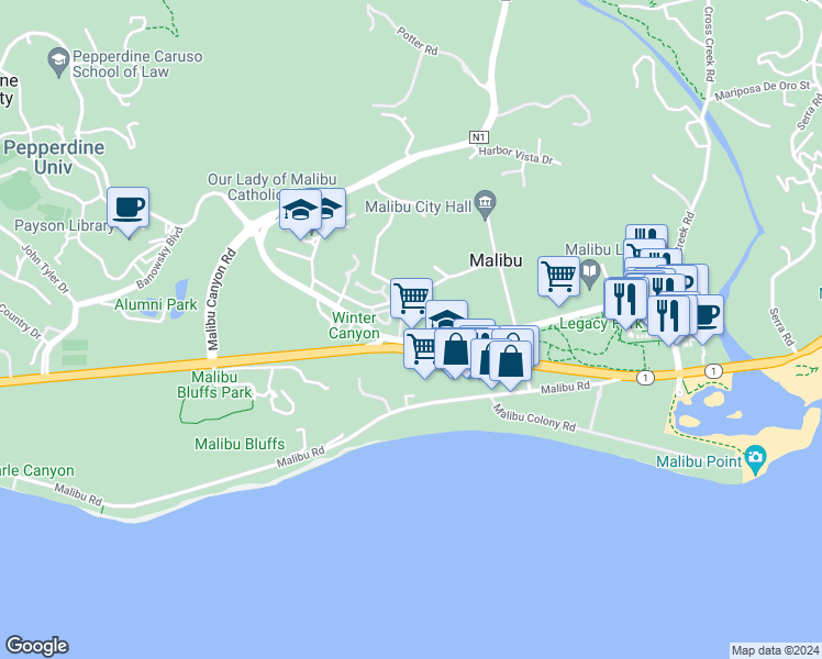 map of restaurants, bars, coffee shops, grocery stores, and more near 23901 Civic Center Way in Malibu