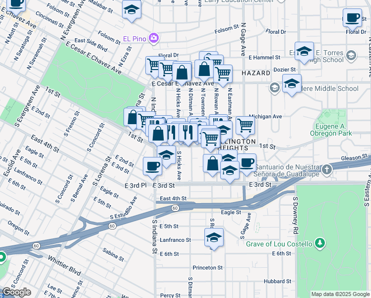 map of restaurants, bars, coffee shops, grocery stores, and more near 3580 1st Street in Los Angeles