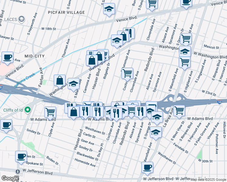 map of restaurants, bars, coffee shops, grocery stores, and more near 2355 South Dunsmuir Avenue in Los Angeles