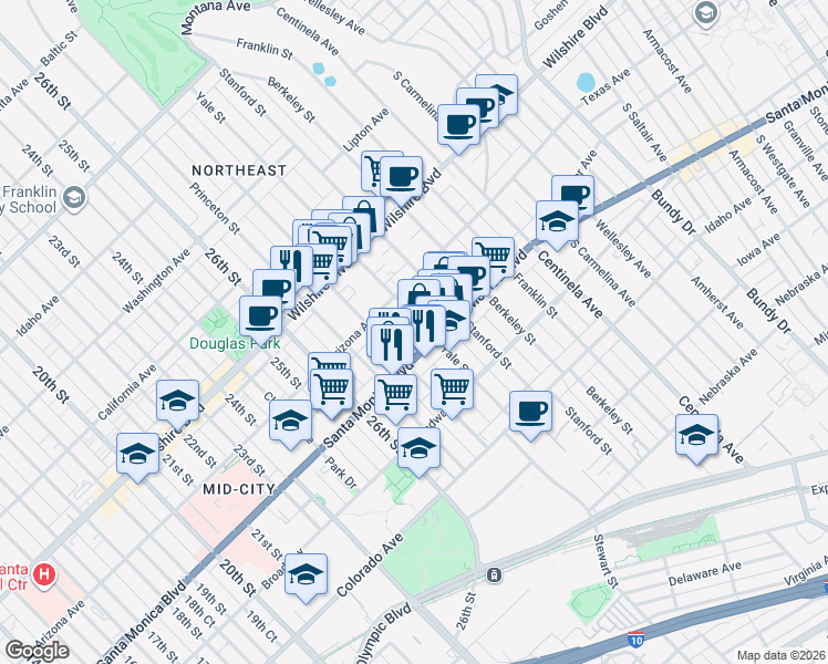 map of restaurants, bars, coffee shops, grocery stores, and more near 2832 Arizona Avenue in Santa Monica
