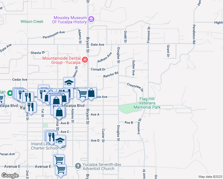 map of restaurants, bars, coffee shops, grocery stores, and more near 35455 Beech Avenue in Yucaipa