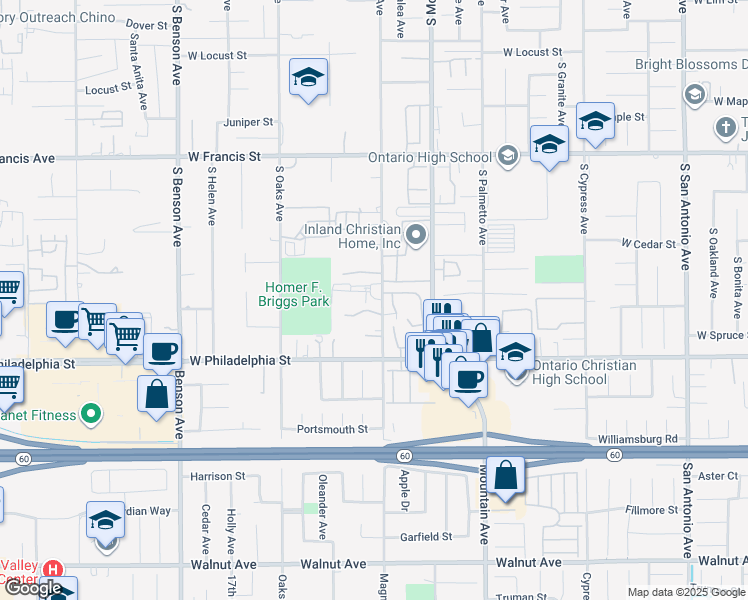 map of restaurants, bars, coffee shops, grocery stores, and more near 2064 South Magnolia Avenue in Ontario