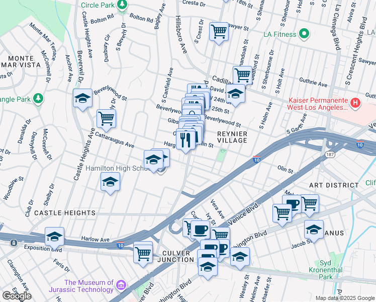 map of restaurants, bars, coffee shops, grocery stores, and more near 2817 South Robertson Boulevard in Los Angeles