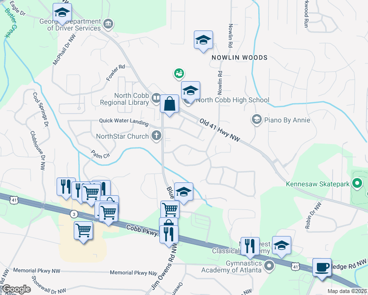 map of restaurants, bars, coffee shops, grocery stores, and more near 3405 Washington Commons in Kennesaw