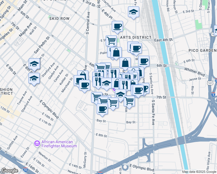 map of restaurants, bars, coffee shops, grocery stores, and more near 1540 Industrial Street in Los Angeles