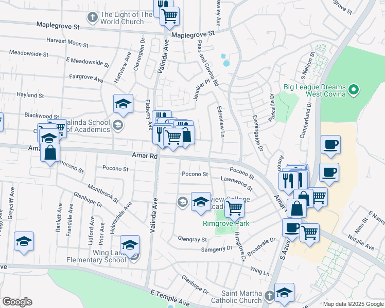 map of restaurants, bars, coffee shops, grocery stores, and more near 1110 Raelyn Place in West Covina