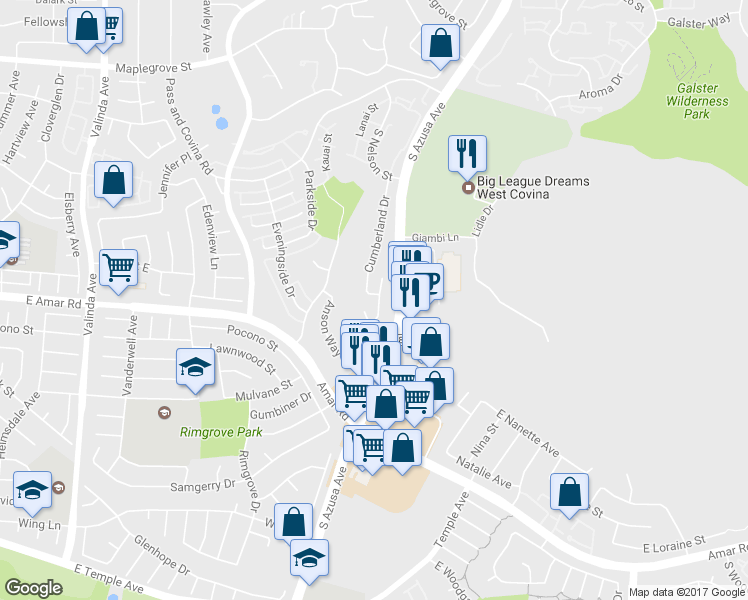 map of restaurants, bars, coffee shops, grocery stores, and more near 1450 Renown Terrace in West Covina