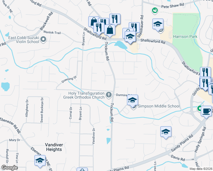 map of restaurants, bars, coffee shops, grocery stores, and more near 3614 Packhorse Run in Marietta