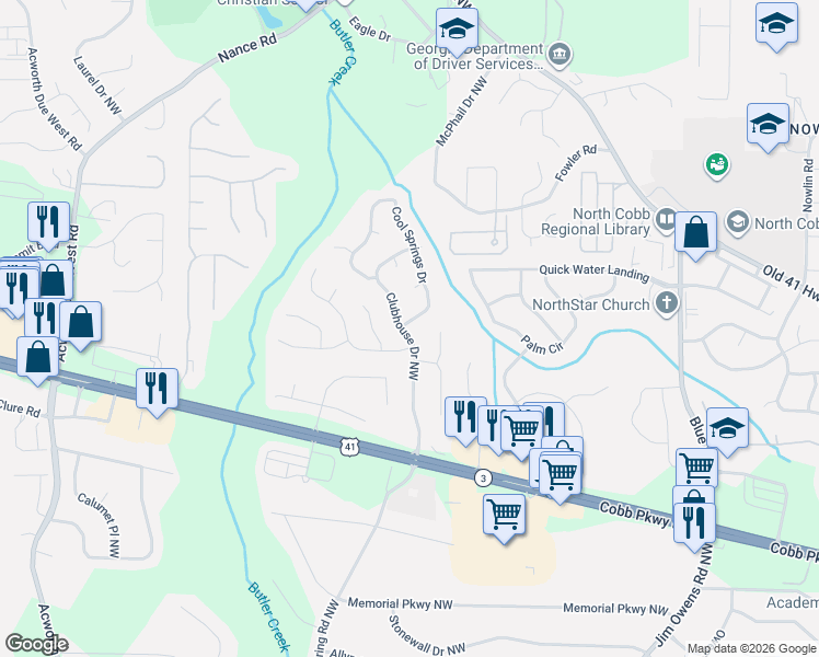 map of restaurants, bars, coffee shops, grocery stores, and more near 1100 Cool Springs Drive in Kennesaw