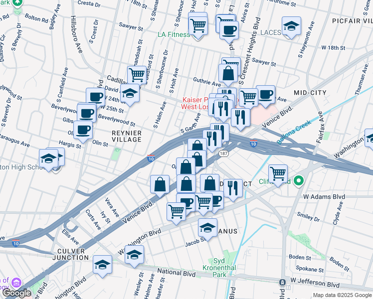 map of restaurants, bars, coffee shops, grocery stores, and more near 2606 South Garth Avenue in Los Angeles