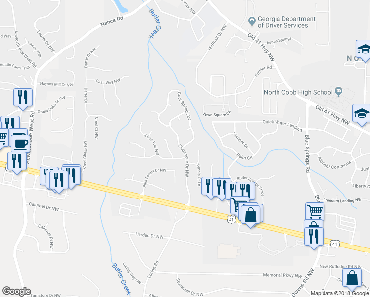 map of restaurants, bars, coffee shops, grocery stores, and more near 1100 Cool Springs Drive in Kennesaw