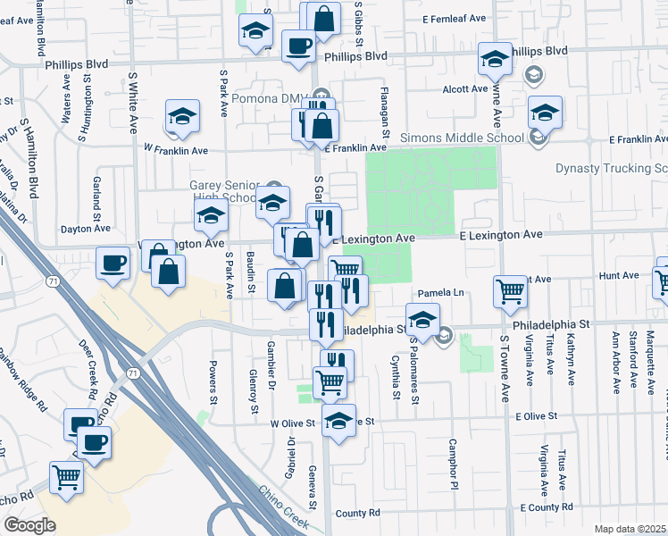 map of restaurants, bars, coffee shops, grocery stores, and more near 1942 South Garey Avenue in Pomona