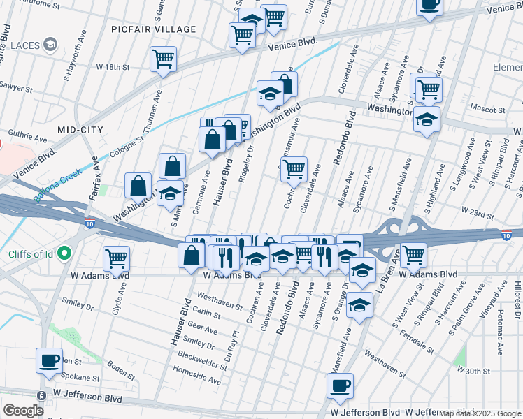 map of restaurants, bars, coffee shops, grocery stores, and more near 2355 South Dunsmuir Avenue in Los Angeles