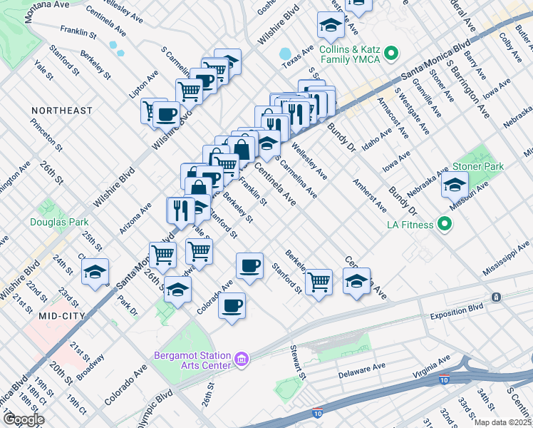 map of restaurants, bars, coffee shops, grocery stores, and more near 1524 Franklin Street in Santa Monica