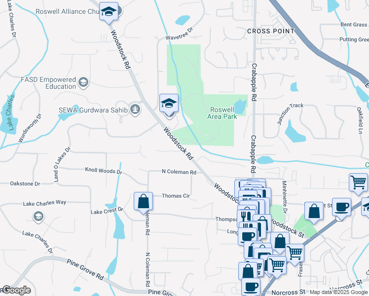 map of restaurants, bars, coffee shops, grocery stores, and more near 10485 Woodstock Road in Roswell