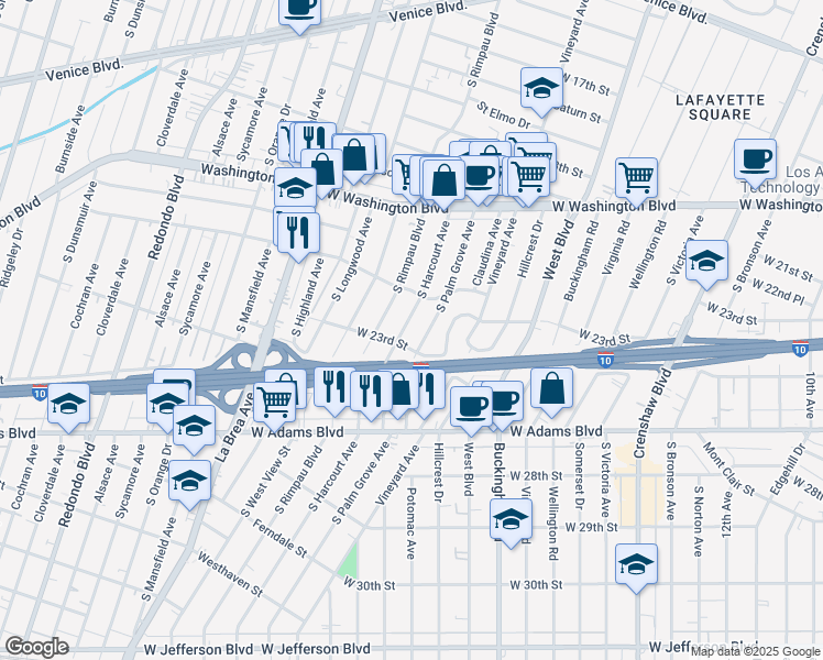 map of restaurants, bars, coffee shops, grocery stores, and more near 2119 South Harcourt Avenue in Los Angeles