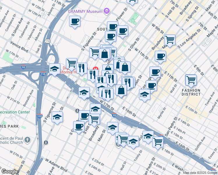 map of restaurants, bars, coffee shops, grocery stores, and more near 302 West 14th Street in Los Angeles