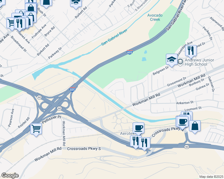 map of restaurants, bars, coffee shops, grocery stores, and more near 12963 E Greyson Way in Whittier