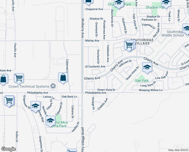 map of restaurants, bars, coffee shops, grocery stores, and more near 13797 Mesquite Drive in Fontana