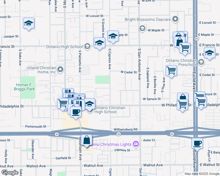 map of restaurants, bars, coffee shops, grocery stores, and more near 2098 South Cypress Avenue in Ontario