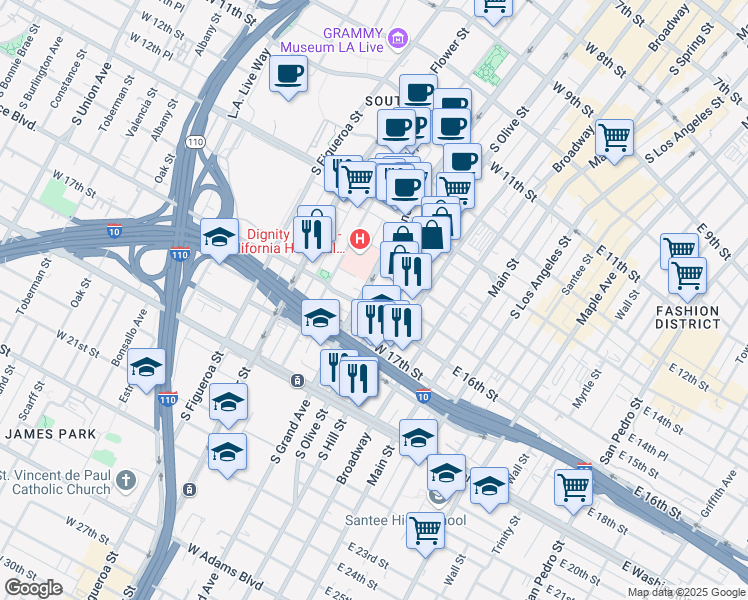 map of restaurants, bars, coffee shops, grocery stores, and more near 1500 South Grand Avenue in Los Angeles