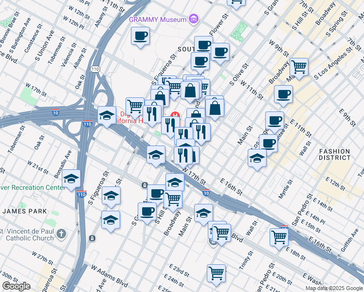 map of restaurants, bars, coffee shops, grocery stores, and more near 1500 South Grand Avenue in Los Angeles