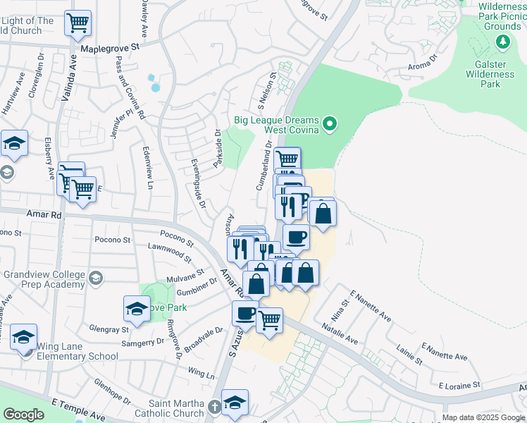 map of restaurants, bars, coffee shops, grocery stores, and more near 1450 Renown Terrace in West Covina