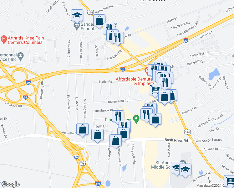 map of restaurants, bars, coffee shops, grocery stores, and more near 1132 Shirlington Road in Columbia