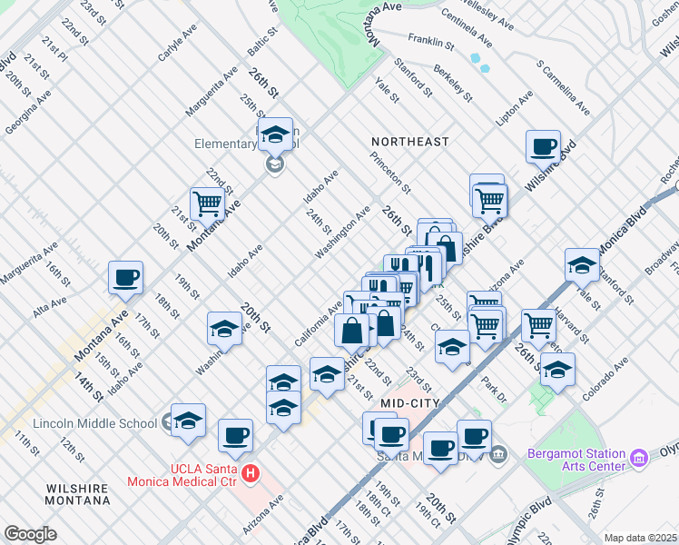 map of restaurants, bars, coffee shops, grocery stores, and more near 1034 24th Street in Santa Monica