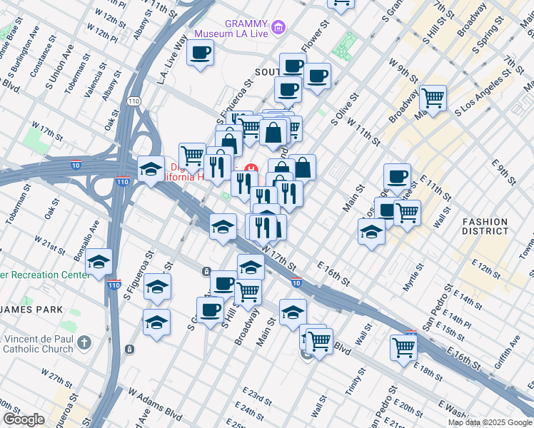 map of restaurants, bars, coffee shops, grocery stores, and more near 1414 South Grand Avenue in Los Angeles