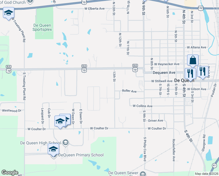 map of restaurants, bars, coffee shops, grocery stores, and more near 100 North Pine Circle in De Queen