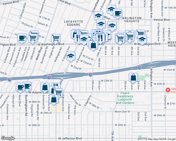 map of restaurants, bars, coffee shops, grocery stores, and more near 2308 11th Avenue in Los Angeles